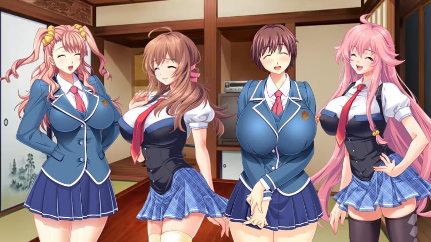 13cm 16:9 4girls aota_natsu brainwashing_removed breasts brown_hair closed_eyes closed_eyes_female closed_eyes_smile closed_mouth closed_mouth_smile clothed_female conversation enormous_breasts female fukunaga_koharu game_cg gigantic_breasts happy happy_eyes happy_face huge_breasts hyper_breasts inami_mashiro kamiizumi_rio kyonyuu_reijou_mc_gakuen large_breasts long_hair lune massive_breasts multiple_girls necktie ole-m open_mouth open_mouth_smile pink_hair protest_rally saimin_class school_skirt school_uniform schoolgirl schoolgirl_clothes schoolgirl_outfit schoolgirl_uniform shimai_tsuma_3 short_hair smile smiling table talking tatami teenage_girl teenager television