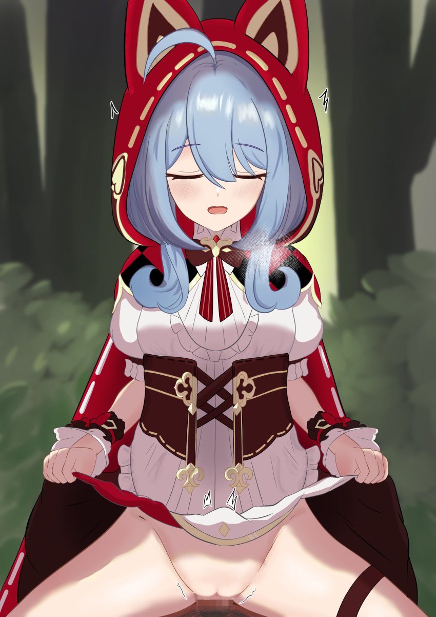 1boy absurdres ahoge animal_ears blue_hair captain_(honkai_impact) censored closed_eyes clothed_female_nude_male clothes_lift cowgirl_position dog_ears dress erection facing_viewer fake_animal_ears female forest griseo griseo_(maroon_riding_hood) griseo_(starry_impression) highres honkai_(series) honkai_impact_3rd lifting_own_clothes looking_at_viewer male mosaic_censoring nature ng1sh8 no_panties nude open_mouth penis pov puffy_short_sleeves puffy_sleeves pussy red_hood sex short_sleeves straddling straight textless_version thigh_strap tree vaginal_penetration white_dress