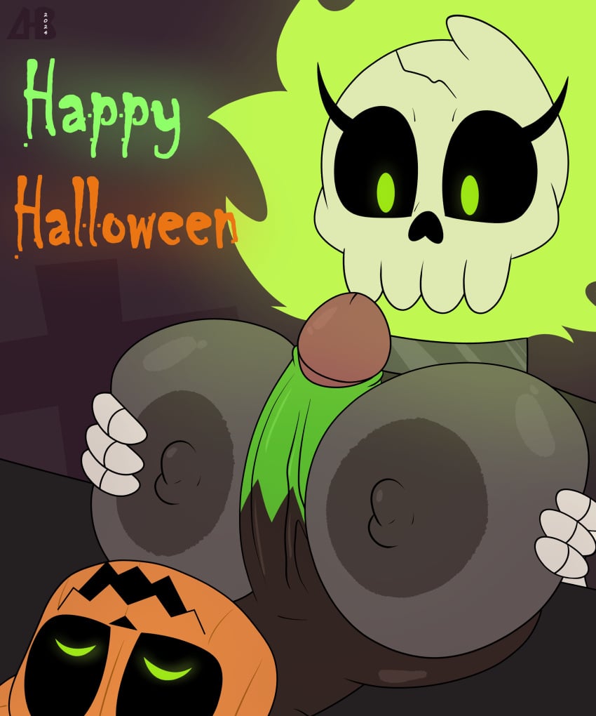 2024 absurd_res animated_skeleton areola big_breasts big_penis bone breasts closed_eyes duo eyelashes female feral for_a_head genitals glans green_eyes halloween hi_res holidays luanctoons lying male male/female nipples object_head on_back on_ground open_mouth open_smile orange_text penis penis_between_breasts pumkat pumpkin_head skeleton smile text undead