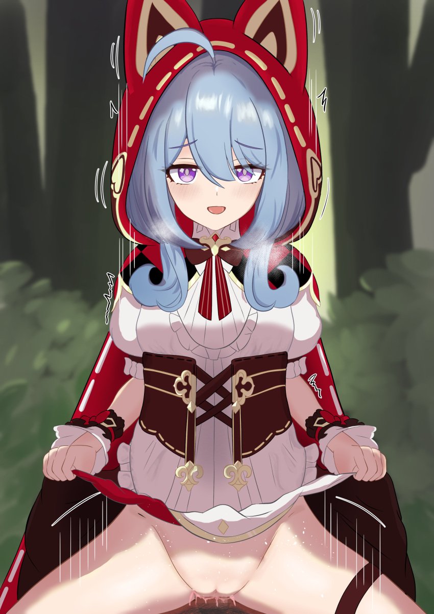 1boy :d absurdres ahoge animal_ears blue_hair captain_(honkai_impact) censored clothed_female_nude_male clothes_lift cowgirl_position dog_ears dress erection fake_animal_ears female forest griseo griseo_(maroon_riding_hood) griseo_(starry_impression) highres honkai_(series) honkai_impact_3rd lifting_own_clothes looking_at_viewer male mosaic_censoring nature ng1sh8 no_panties nude open_mouth penis pov puffy_short_sleeves puffy_sleeves purple_eyes red_hood short_sleeves smile straddling straight textless_version thigh_strap tree white_dress