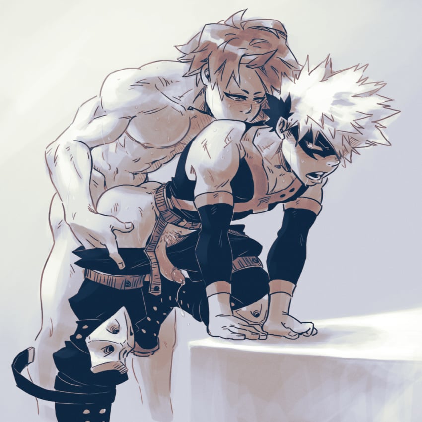 2boys abs anal anal_sex bent_over black_boots blush cum cum_drip eijirou_kirishima gay katsuki_bakugou male male_only muscles my_hero_academia nipples penis precum red_hair sweat syblatortue white_hair yaoi