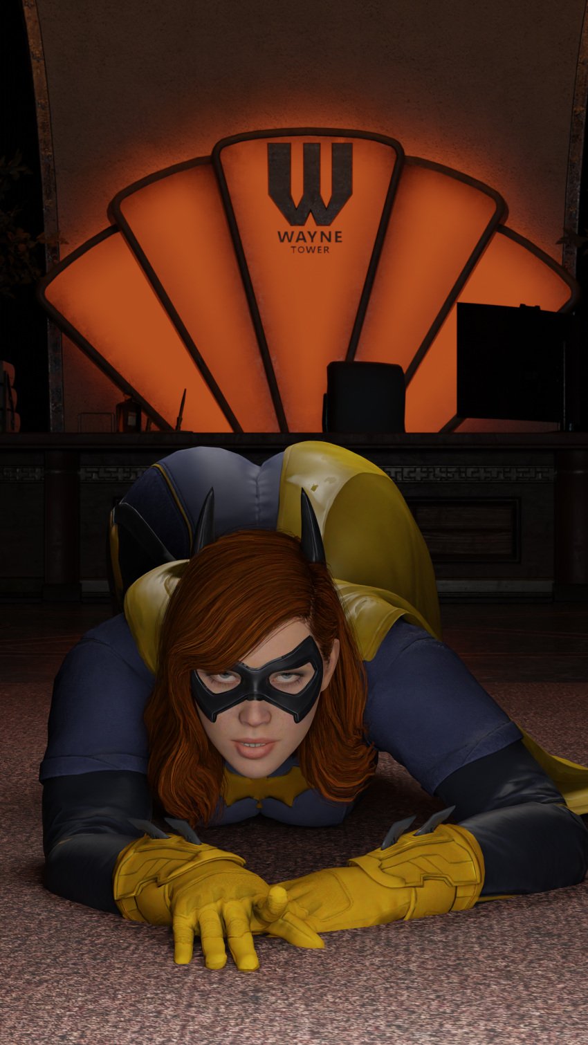 1girls 3d 3d_(artwork) ass ass_in_air barbara_gordon batgirl batgirl_(gotham_knights) batman_(series) costume dc dc_comics female female_focus female_only freckles ginger_hair serahnsfwart superheroine