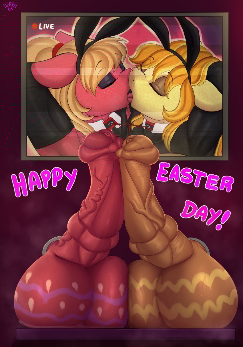 absurd_res animal_genitalia animal_penis balls balls_touching big_macintosh_(mlp) braeburn_(mlp) closed_eyes clothed clothing cousins derpx1 duo equid equine equine_genitalia equine_penis fake_ears fake_rabbit_ears femboy french_kissing friendship_is_magic frottage genitals hair hasbro hi_res incest_(lore) kissing male male/male mammal my_little_pony orange_hair penile penis red_body sex text tongue tongue_out vein veiny_penis yellow_body