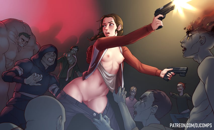 1girls 8monsters absurdres areolae backpack blood breasts clothing dual_wielding female fight firearm first_aid_kit fizzz gun handgun highres hoodie imminent_death imminent_rape jeans left_4_dead male pale_skin pistol pussy resisting small_breasts stripping undressing weapon zoey_(left_4_dead) zombie