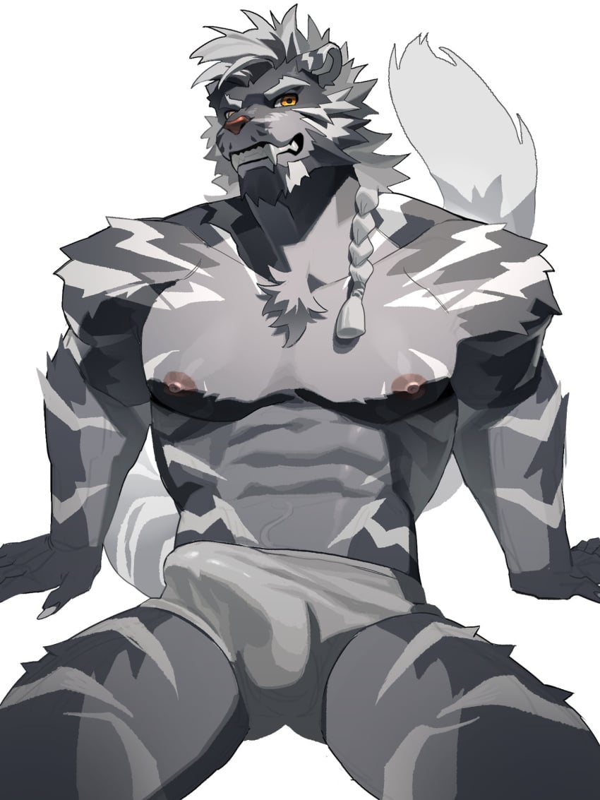 3:4 abs anthro balls balls_outline beard bulge claws clothing detailed_bulge dog23333 eyebrows facial_hair fangs felid feline finger_claws fur genital_outline genitals hair hi_res male mammal nipples pecs penis_outline simple_background sitting solo striped_body striped_fur stripes tail teeth underwear white_background