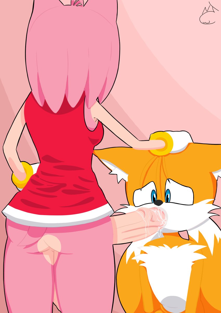 2d 2d_(artwork) 2d_artwork amy_rose animal_ears animal_humanoid anthro blowjob blue_eyes ears_down faceless_character faceless_female faceless_futanari fellatio femboy furry furry_only futa_on_male futanari hand_on_another&#039;s_head huge_cock intersex looking_at_penis miles_tails_prower nekojaanai pink_fur red_dress sex simple_background sonic_(series) sonic_the_hedgehog_(series) tails tails_the_fox veiny_penis yellow_fur