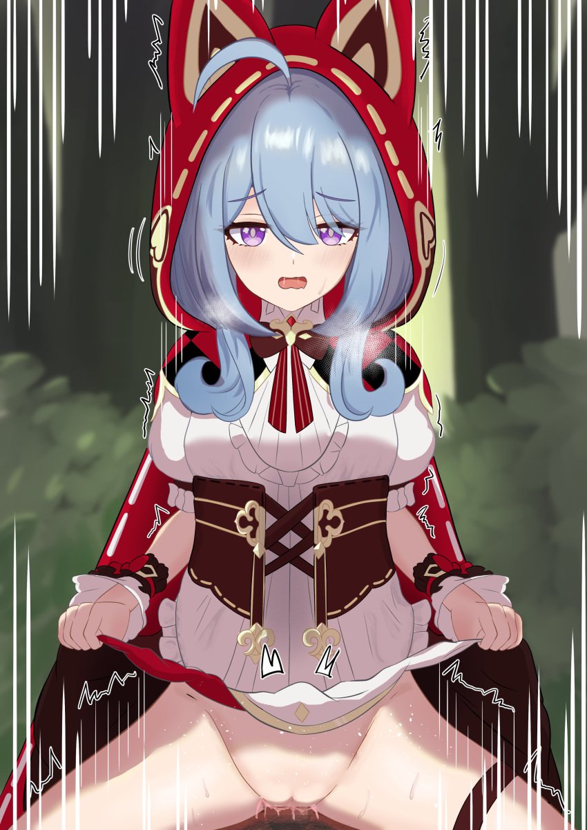 1boy absurdres ahoge animal_ears blue_hair captain_(honkai_impact) censored clothed_female_nude_male clothes_lift cowgirl_position dog_ears dress erection fake_animal_ears female forest griseo griseo_(maroon_riding_hood) griseo_(starry_impression) highres honkai_(series) honkai_impact_3rd lifting_own_clothes looking_at_viewer male mosaic_censoring nature ng1sh8 no_panties nude open_mouth penis pov puffy_short_sleeves puffy_sleeves purple_eyes red_hood short_sleeves straddling straight textless_version thigh_strap tree white_dress