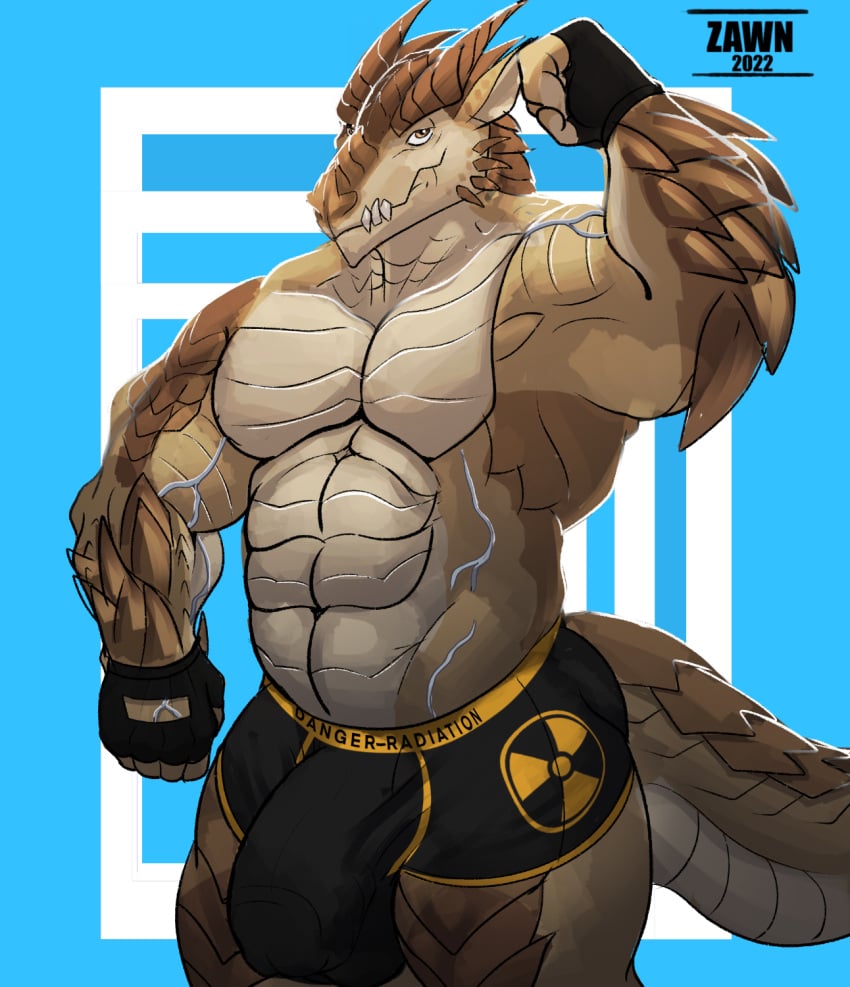4_fingers abs anthro balls balls_outline biceps boxer_briefs brown_body brutus_(pyronite) bulge claws clothed clothing detailed_bulge dragon erection finger_claws fingerless_gloves fingers gay genital_outline genitals gloves handwear hi_res looking_at_viewer male muscular muscular_anthro muscular_male mythological_creature mythological_scalie mythology pecs penis_outline pyronite(commissioner) scalie simple_background smile solo tail teeth topless underwear vein veiny_muscles yellow_eyes zawn