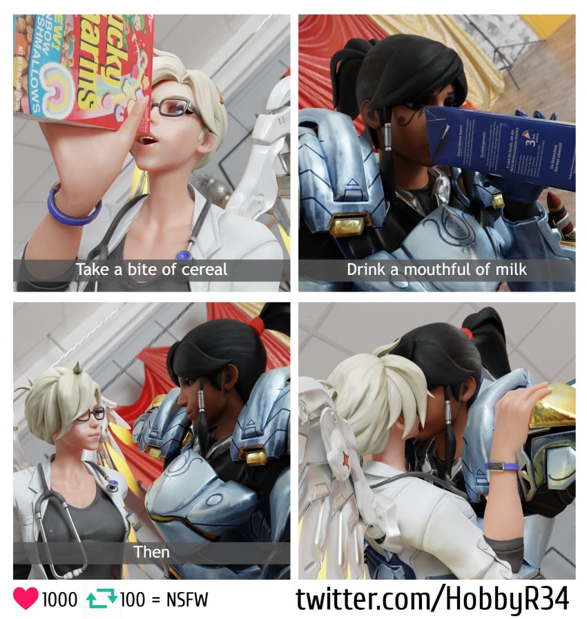 3d 3d_model 3d_render angela_ziegler black_hair cereal egyptian female female_focus female_only fetish hobbyr34 kissing lesbian_kiss mercy mercy_(overwatch) milk overwatch overwatch_2 pharah pharah_(overwatch) snapchat social_media yuri