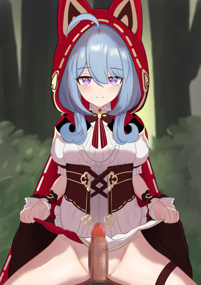 1boy absurdres ahoge animal_ears blue_hair captain_(honkai_impact) censored closed_mouth clothed_female_nude_male clothes_lift cowgirl_position dog_ears dress erection fake_animal_ears female forest griseo griseo_(maroon_riding_hood) griseo_(starry_impression) highres honkai_(series) honkai_impact_3rd lifting_own_clothes looking_at_viewer male mosaic_censoring nature ng1sh8 no_panties nude penis pov puffy_short_sleeves puffy_sleeves purple_eyes red_hood short_sleeves smile straddling straight textless_version thigh_strap tree white_dress