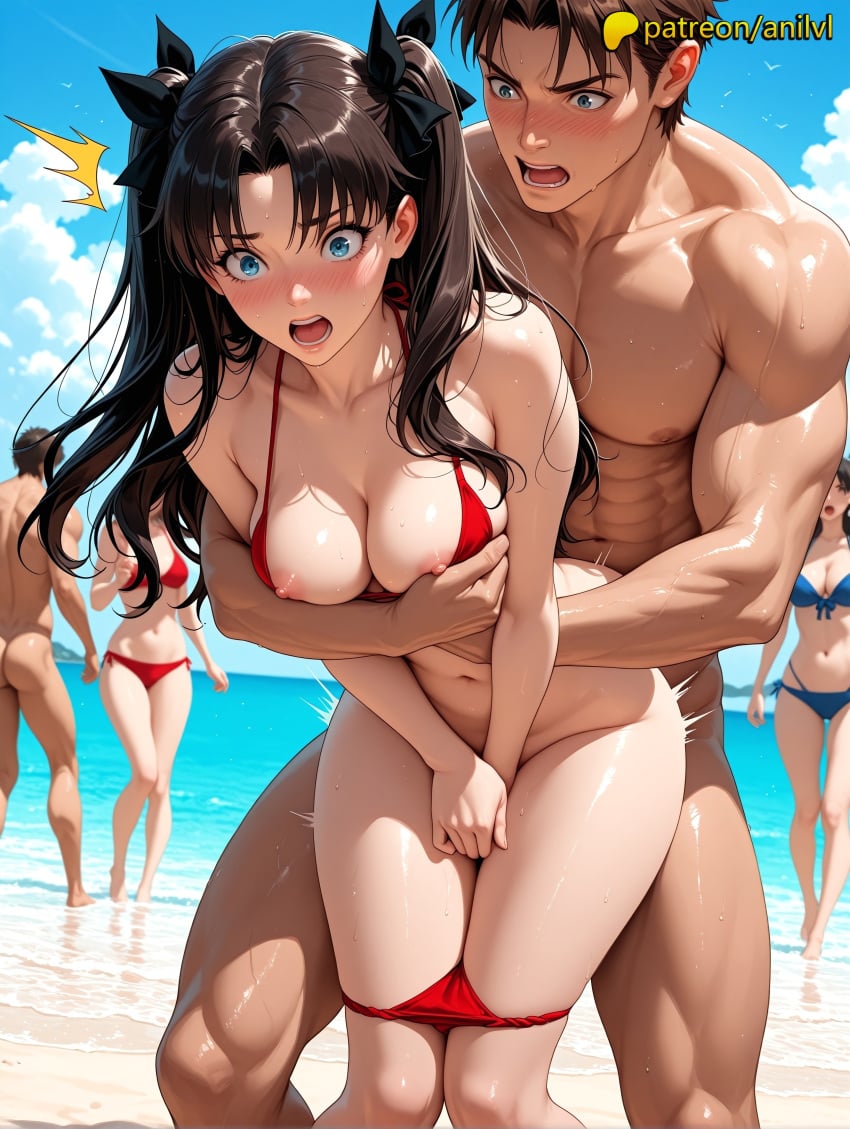 2025 ai_generated anilvl anime ass average_breasts beach big_butt bikini blush booty breasts bust buttocks chest covering_crotch erect_nipples fate/stay_night fate_(series) hard_nipples highres horizon intercourse large_ass medium_breasts naked navel nipples nude ocean open_mouth outdoors patreon penetration sex shore sky sweat swimsuit tohsaka_rin water