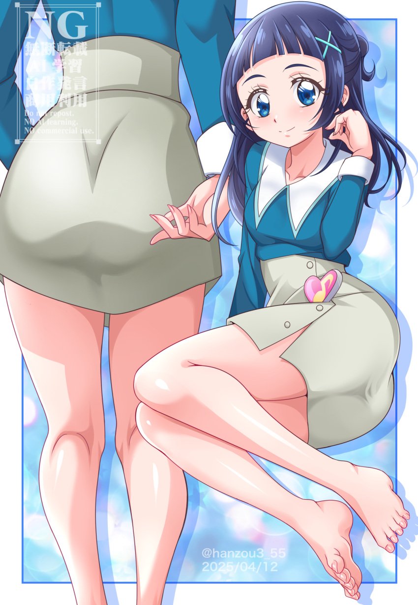 1girls aokaze_nana artist_watermark ass barefoot blue_eyes blue_hair feet female hanzou kimi_to_idol_precure light-skinned_female light_skin precure pretty_cure skirt solo toei_animation toes
