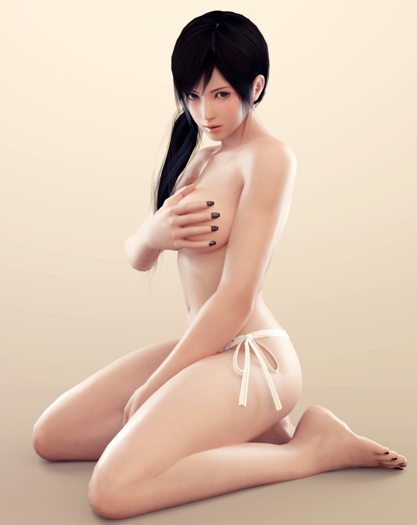 3d barefoot bikini_bottom black_hair covering_breasts dead_or_alive feet female kokoro_(doa) large_breasts ponytail saqune sitting solo tecmo topless