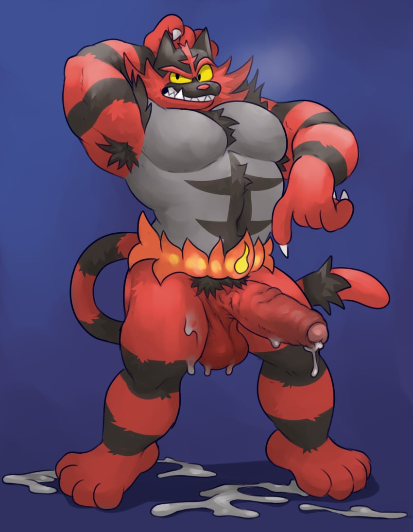 1boy 4_toes abs arm_up armpit_hair armpits cum erection feet feline foreskin furry glitter_trap_boy huge_penis humanoid_penis incineroar male male_only mammal muscular muscular_male nintendo no_nipples paws penis pointing pokémon_(species) pokemon pokemon_sm pubic_hair simple_background solo standing testicles thick_thighs uncut veins veiny_penis video_games