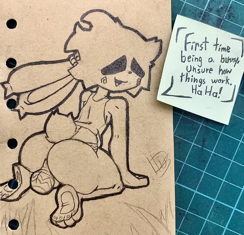 1boy 1femboy anthro barely_clothed big_ass bunny bunny_ears bushy_eyebrows duski_(duskizi) duskizi ear_tuft easter easter_bunny easter_egg feet grass hair hair_tuft hands_on_ground huge_ass looking_at_viewer looking_back male monochrome no_color on_knees original original_character panties paper post-it_note puffy_tail smile solo solo_focus solo_male species_transformation tank_top tied_ears traditional_art traditional_media_(artwork)