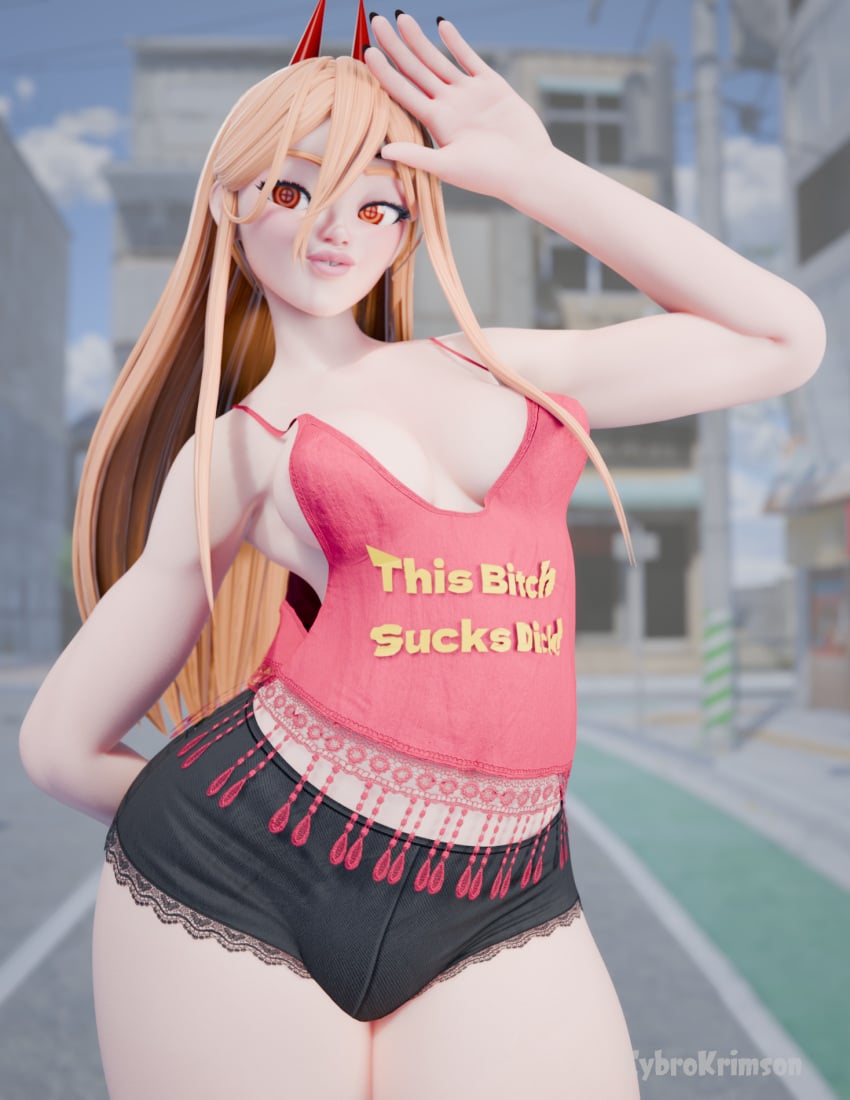 3d big_breasts blender blonde_hair chainsaw_man clothed cybrokrimson horns power_(chainsaw_man) shirt_text yellow_eyes