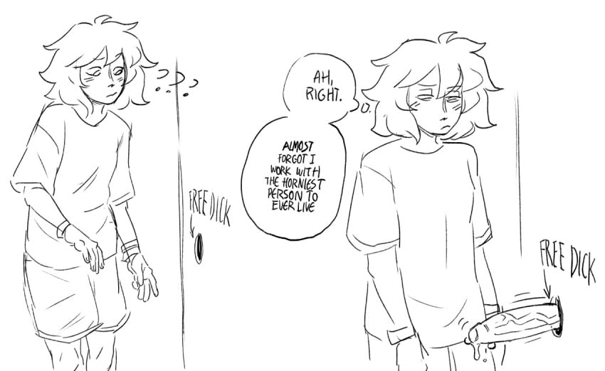 2d 2futas ? baggy_clothing baggy_shirt big_penis blush bracelet catgrrrlriot clothed clothed_futa coworkers english english_text futa_only futa_with_futa futanari genital_piercing glory_hole glory_wall gynomorph harry_gunner_(catgrrrlriot) imminent_sex intersex large_penis maddie_(catgrrrlriot) monochrome original_character penis penis_piercing penis_through_hole piercing precum presenting presenting_penis shaggy_hair shirt shorts shoulder_length_hair simple_background sketch speech_bubble t-shirt text thinking tomboy trans_woman transfem veiny_penis
