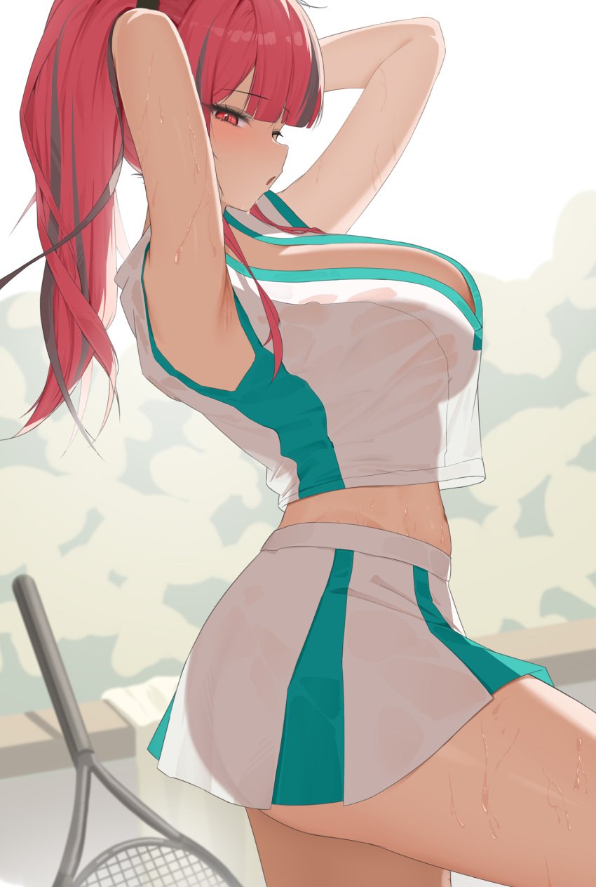 azur_lane bare_shoulders blush breasts bremerton_(azur_lane) bremerton_(scorching-hot_training)_(azur_lane) cleavage crop_top female hair_between_eyes hair_ornament highres large_breasts long_hair looking_at_viewer multicolored_hair ningri_(lianyungangwyz) official_alternate_costume pink_eyes pink_hair see-through_clothes shirt skirt sleeveless sleeveless_shirt sportswear streaked_hair sweat tennis_uniform twintails two-tone_shirt two-tone_skirt wet wet_clothes x_hair_ornament