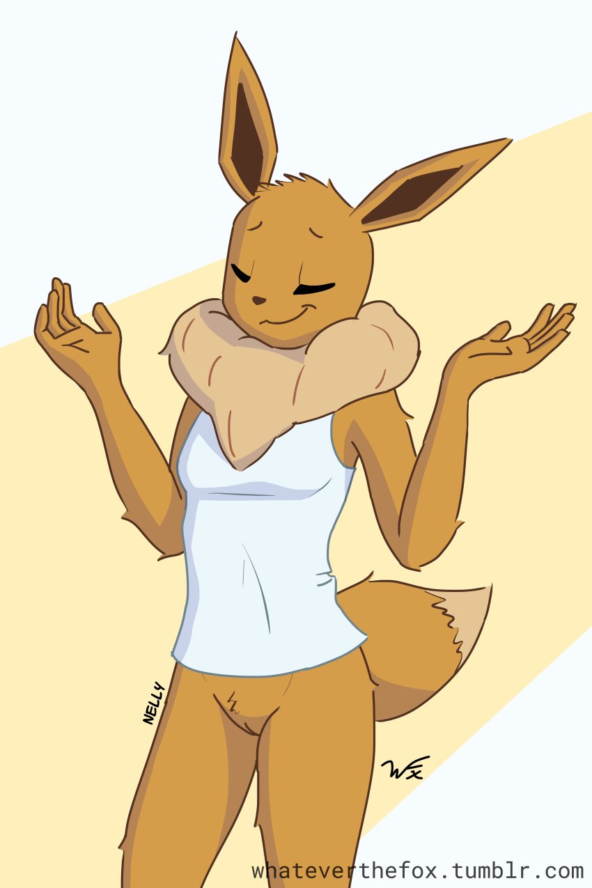 anthro bottomless clothed clothing eevee nelly_(whateverthefox) nintendo original_character pokémon_(species) pokemon pokemon_(species) pussy raised_arm shirt shrug small_breasts smile smirk standing tank_top text url video_games watermark whateverthefox