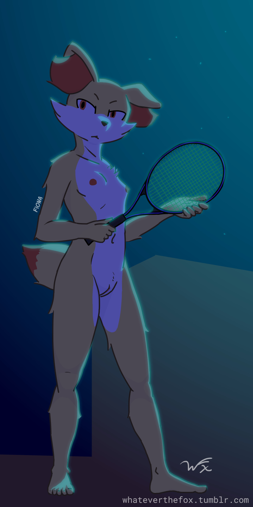 alert anthro breasts dark female fennekin fiona_(whateverthefox) flat_chest holding_object nintendo pokémon_(species) pokemon pokemon_(species) pussy small_breasts solo standing tennis tennis_racquet video_games whateverthefox