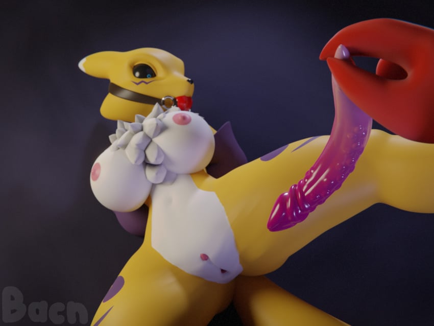 2018 3d anthro areola armwear bacn ball_gag big_breasts black_sclera bondage bound breasts canine clitoris clothed clothing digimon digimon_(species) elbow_gloves female forced fox fur gag gagged gloves impmon mammal nipples nude parasite pussy red_ball_gag renamon renamon_(bacn) simple_background surprise thick_thighs topless