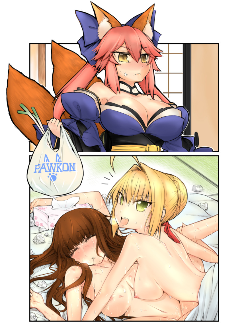 animal_ears bed blonde_hair blush breasts closed_eyes fate/grand_order fate_(series) fox_ears fox_girl fox_tail green_eyes hakuno_kishinami hickey huge_breasts kemonomimi naked nero_claudius_(fate) nude red_hair tamamo_no_mae_(fate) tribadism yellow_eyes yuri yuriwhale