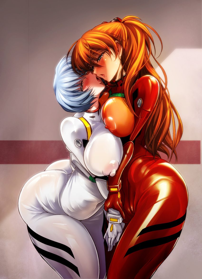 2girls alternate_version_available asuka_langley_sohryu big_breasts blue_eyes blue_hair blush bodysuit breasts busty clothing curvy detailed_background duo erect_nipple erect_nipples erect_nipples_under_clothes female female_only holding_hand hourglass_figure human indoors inside kawaraya_a-ta large_breasts light-skinned_female light_skin long_hair looking_down looking_up multiple_females multiple_girls neon_genesis_evangelion nipple_bulge open_mouth orange_hair pale-skinned_female pale_skin pilot_suit plugsuit red_eyes rei_ayanami room see-through see-through_clothing shadow shiny shiny_skin short_hair side_view sideboob standing sweat text thick_thighs voluptuous wide_hips yuri