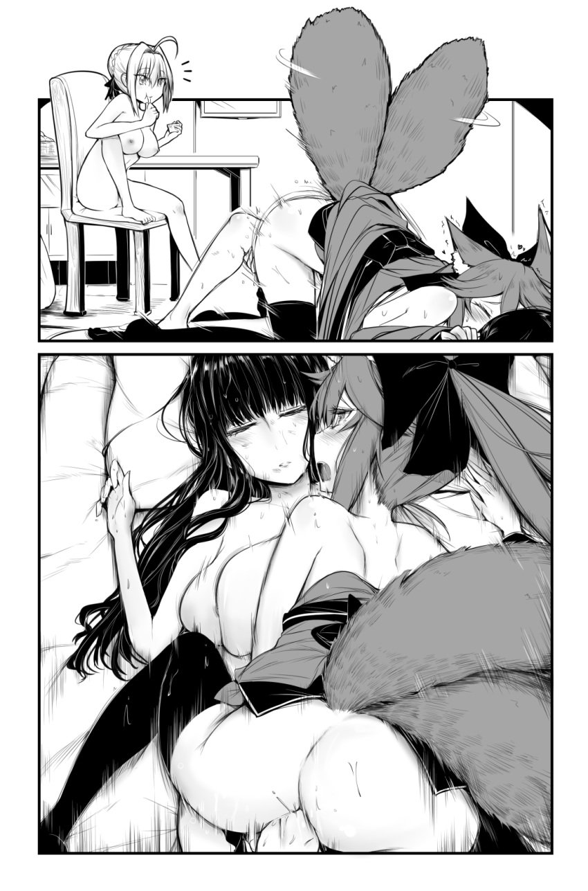 3girls animal_ears ass bed blush breasts closed_eyes fate/grand_order fate_(series) female female_only fox_ears fox_girl fox_tail green_eyes hakuno_kishinami huge_breasts kemonomimi monochrome multiple_girls naked nero_claudius_(fate) nude open_mouth ponytail sleeping tamamo_no_mae_(fate) thighhighs tribadism yellow_eyes yuri yuriwhale