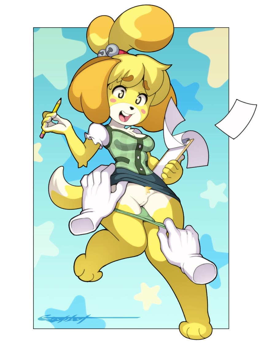 animal_crossing anthro blush clipboard erotibot exposed_pussy furry gloves highres isabelle_(animal_crossing) nintendo panties panties_down paper pulling_panties pussy skirt skirt_lift super_smash_bros. sweatdrop