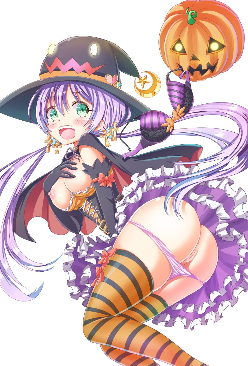 anus ass assisted_exposure bra breast_hold breasts halloween nipples no_bra open_shirt pantsu panty_pull pussy tenzeru thighhighs wardrobe_malfunction witch