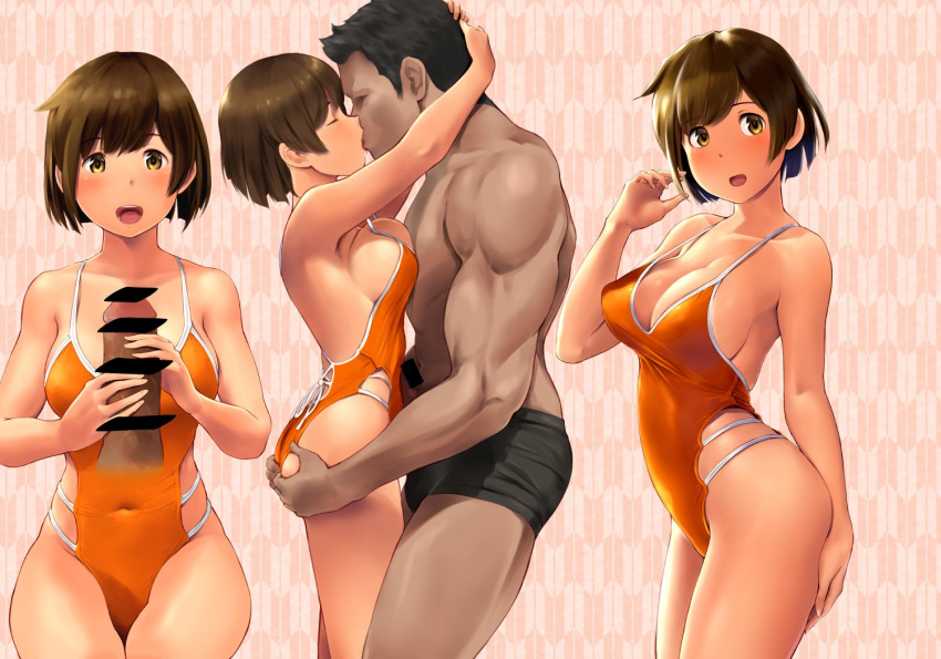 admiral_(kantai_collection) alternate_costume ass ass_grab black_hair black_panties blush breasts brown_hair censored closed_eyes female hiryuu_(kantai_collection) kantai_collection kissing large_breasts looking_at_viewer muscular_male open_mouth orange_swimsuit panties penis short_hair swimsuit tan underwear wa_(genryusui)