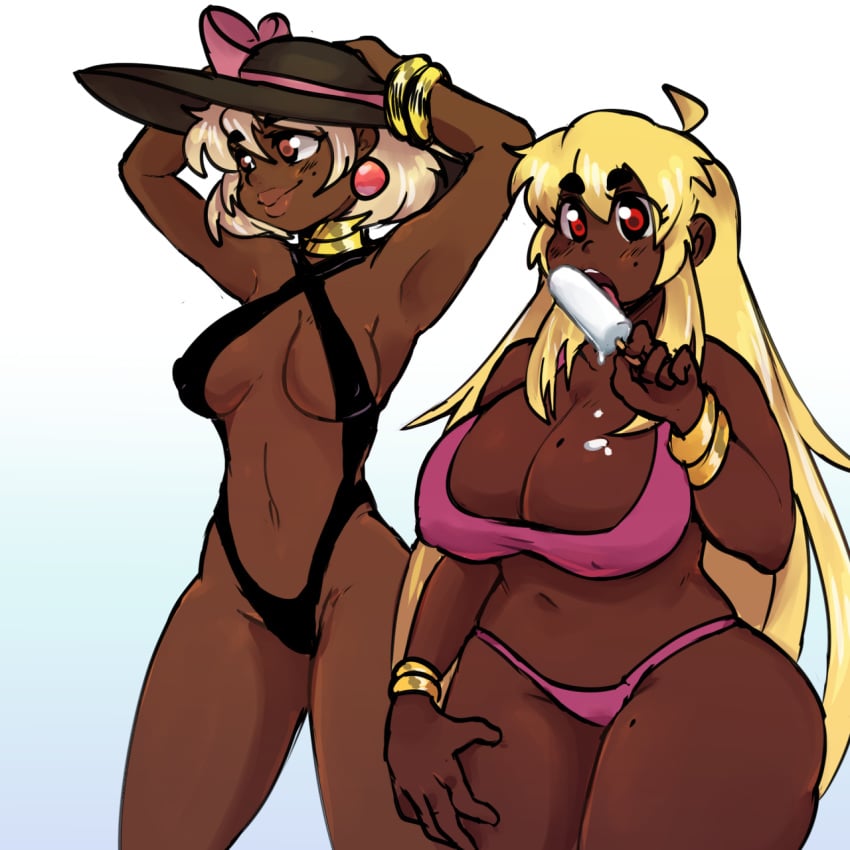 2girls bikini dark-skinned_female dark_skin dripping female female_only kirbila_(yellow_kirby) mother_and_daughter multiple_girls nipple_bulge popsicle yellow_kirby