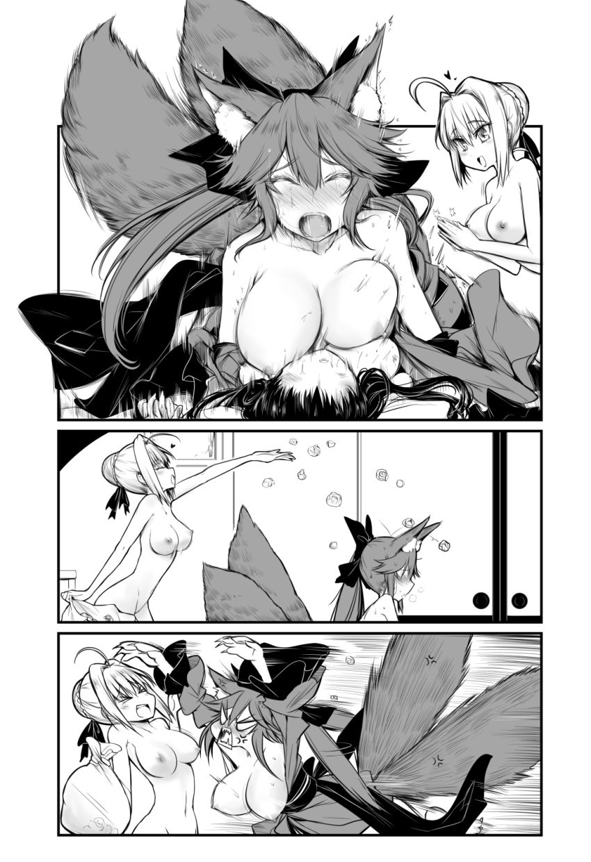 3girls animal_ears bed blush breasts closed_eyes fate/grand_order fate_(series) female female_only fox_ears fox_girl fox_tail green_eyes hakuno_kishinami huge_breasts kemonomimi monochrome multiple_girls naked nero_claudius_(fate) nude ponytail sleeping tamamo_no_mae_(fate) tribadism yellow_eyes yuri yuriwhale