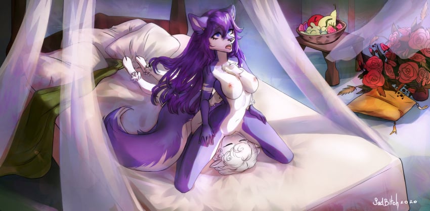 2020 ahe_gao anthro bedroom blue_eyes bovid canid canine canis caprine cunnilingus dominant dominant_female duo female hair long_hair long_tail looking_pleasured love lucia_(character) male male/female mammal nipples oral princesses purple_body purple_hair sadbitch sex sheep submissive submissive_male vaginal_penetration white_body wolf