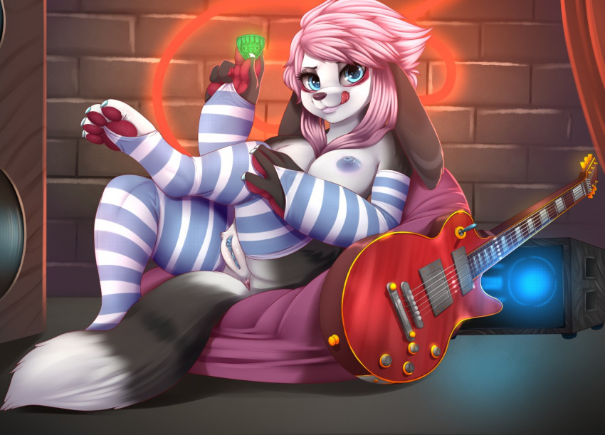 2018 anthro areola armwear breasts clothing dankflank electric_guitar female guitar guitar_pick hair legwear licking licking_lips looking_at_viewer mammal musical_instrument nipples original_character pussy solo striped_armwear striped_legwear stripes tongue tongue_out