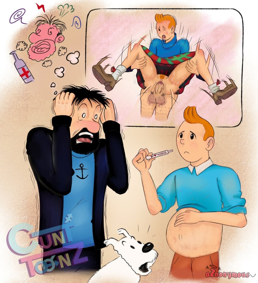 ahe_gao aznonymous blonde_hair blush captain_haddock cuntboy cuntboy_penetrated cunttoonz flashback intersex kilt mpreg pregnancy pregnancy_test pregnant pregnant_belly pregnant_cuntboy red_hair shocked_expression snowy the_adventures_of_tintin tintin vaginal_penetration