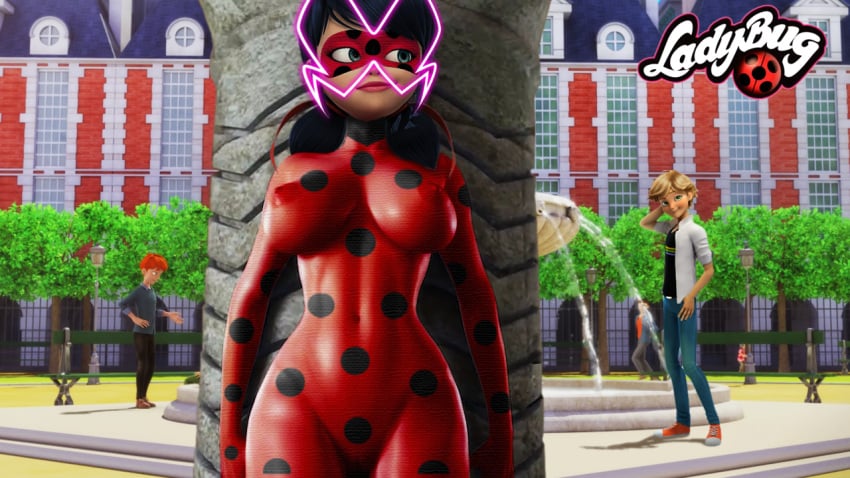 1girls adrien_agreste bodypaint bodysuit breasts edit exhibitionism female ferjuasi ladybug_(character) large_breasts male marinette_cheng marinette_dupain-cheng miraculous_ladybug outdoors painted_clothes public pussy screenshot screenshot_edit smile teenager