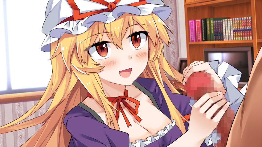 1boy :d alternate_eye_color bangs blonde_hair blush book bookshelf breasts brown_eyes censored choker cleavage commentary_request dress e.o. eyebrows_visible_through_hair female frilled_sleeves frills grabbing hair_between_eyes hat hat_ribbon highres indoors juliet_sleeves large_breasts long_hair long_sleeves looking_up mob_cap monitor mosaic_censoring open_mouth penis penis_grab puffy_sleeves purple_dress red_choker red_ribbon ribbon ribbon_choker sidelocks smile solo_focus straight television touhou upper_body white_hat wide_sleeves window yukari_yakumo