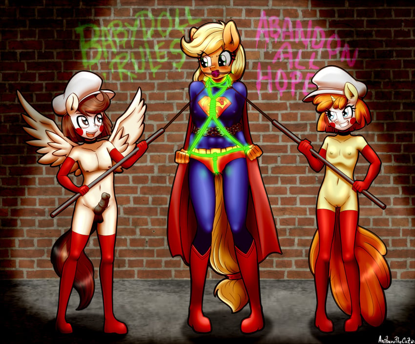 1boy 2018 2girls aged_up anibaruthecat anthro anthrofied applejack_(mlp) armwear ball_gag balls bi_domination bisexual bondage bound breasts clothing dc dc_comics depowered equine erection female femboy femboy_on_female femboydom femdom femsub friendship_is_magic gag girly graffiti group hair hi_res horn legwear lezdom long_hair male maledom mammal multiple_doms multiple_girls my_little_pony nipples open_mouth pegasus penis pound_cake_(mlp) pumpkin_cake_(mlp) pussy straight superman thigh_highs two_doms_one_sub unicorn vein wings young yuri