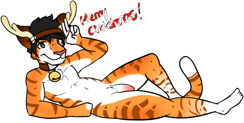 anthro antlers bell black_hair brown_stripes carrus christmas clothing collar deer_cat_(carrus) fake_antlers feline fur green_eyes hair holidays horn looking_at_viewer male male_only mammal orange_fur original original_character pantherine penis pink_nose pose smile solo stripes text tiger white_fur