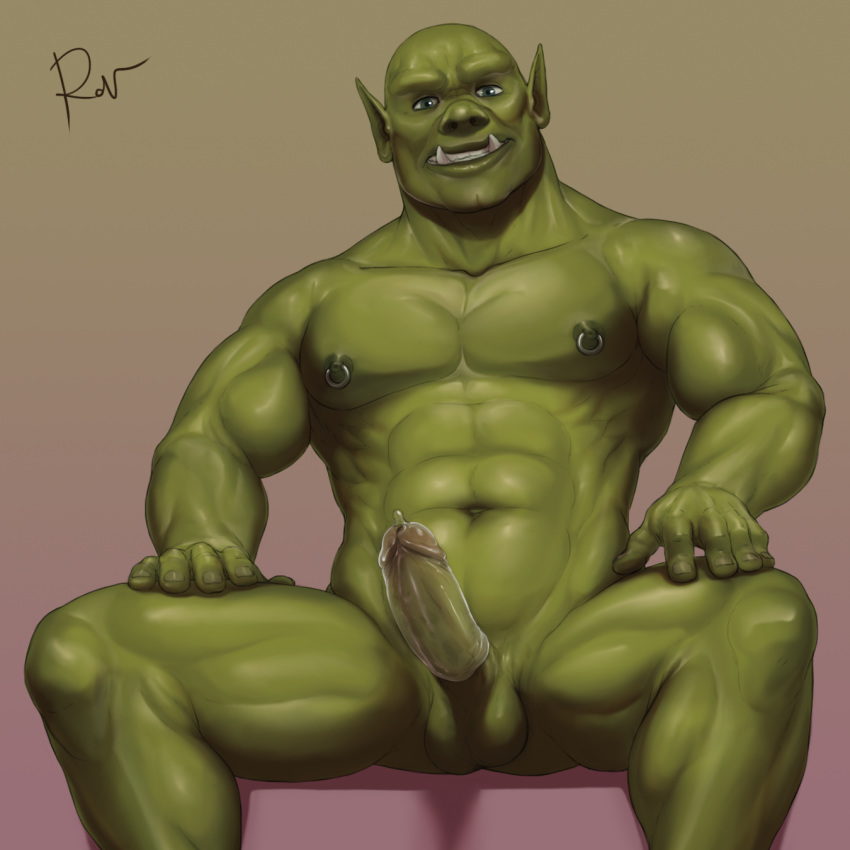 2018 abs bald blue_eyes bulge clothing condom erection green_skin grin humanoid humanoid_penis looking_at_viewer male male_only muscular nipple_piercing nipples nude orc orc_male pecs penis piercing pointy_ears rov simple_background sitting smile solo tusks