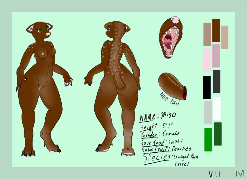 2018 4_toes 5_fingers anthro areola ass back_muscles belly big_butt big_thighs biped black_claws border breasts brown_body brown_spots brown_tail character_name claws close-up collarbone color_swatch cross_section dewclaw digitigrade disembodied_mouth disembodied_tail ear_piercing english_text eyelashes fangs female full-length_portrait gaping_mouth gauged_ear gender_symbol green_background green_eyes handpaw hi_res hindpaw hybrid lighting looking_up lowland_paca lvliso mammal measurements medium_breasts model_sheet multiple_poses mustelid nipples nude open_mouth paca pawpads paws piercing pink_areola pink_nipples pink_nose pink_pawpads pink_pussy pink_tongue portrait pose pussy red_tongue rodent shadow sharp_teeth short_tail side_boob simple_background small_waist smile snout solo species_name spots spotted_body spotted_tail standing symbol teeth text toe_claws toes tongue two_tone_tongue wide_hips ♀