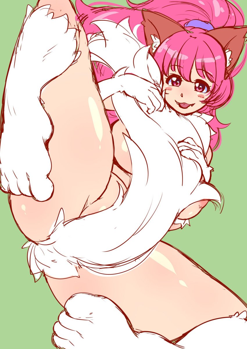 animal_ears ass bare_legs bare_shoulders breasts cat_ears cat_girl cleavage curvy female female highres huge_ass large_breasts long_hair looking_at_viewer paw_print perisie_(star_ocean) pink_hair ponytail ryoi shiny shiny_hair shiny_skin simple_background smile solo spread_legs star_ocean star_ocean_first_departure tail thick_thighs thighhighs thighs very_long_hair