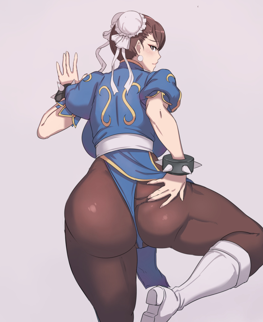 1girls ass blue_panties blue_underwear bracelet brown_eyes brown_hair bubble_butt chun-li earring earrings female female_only hair_bun human large_breasts looking_at_viewer looking_back metal_owl pantyhose solo spiked_bracelet spread_ass spread_legs spreading street_fighter thick_thighs thighs