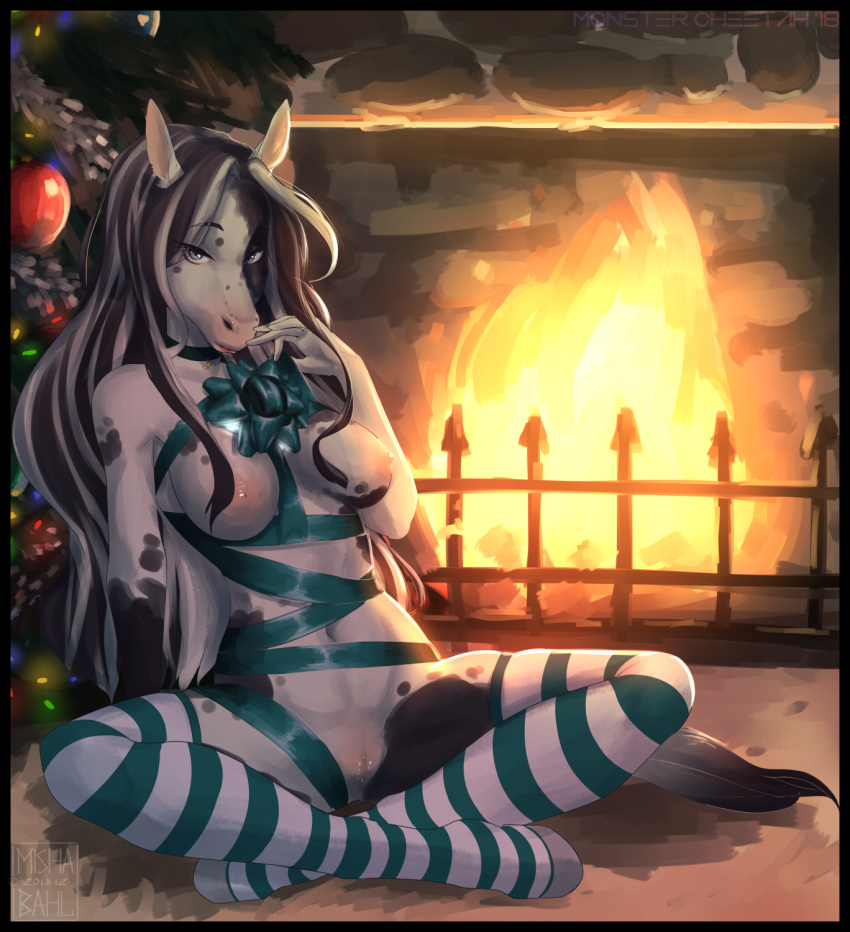 anthro bow breasts christmas christmas_tree clothing equine excitedcargoyle female fireplace holidays horse legwear looking_at_viewer mammal mishabahl nipples pussy pussy_juice ribbons sitting smile solo spread_legs spreading stockings thigh_highs tree