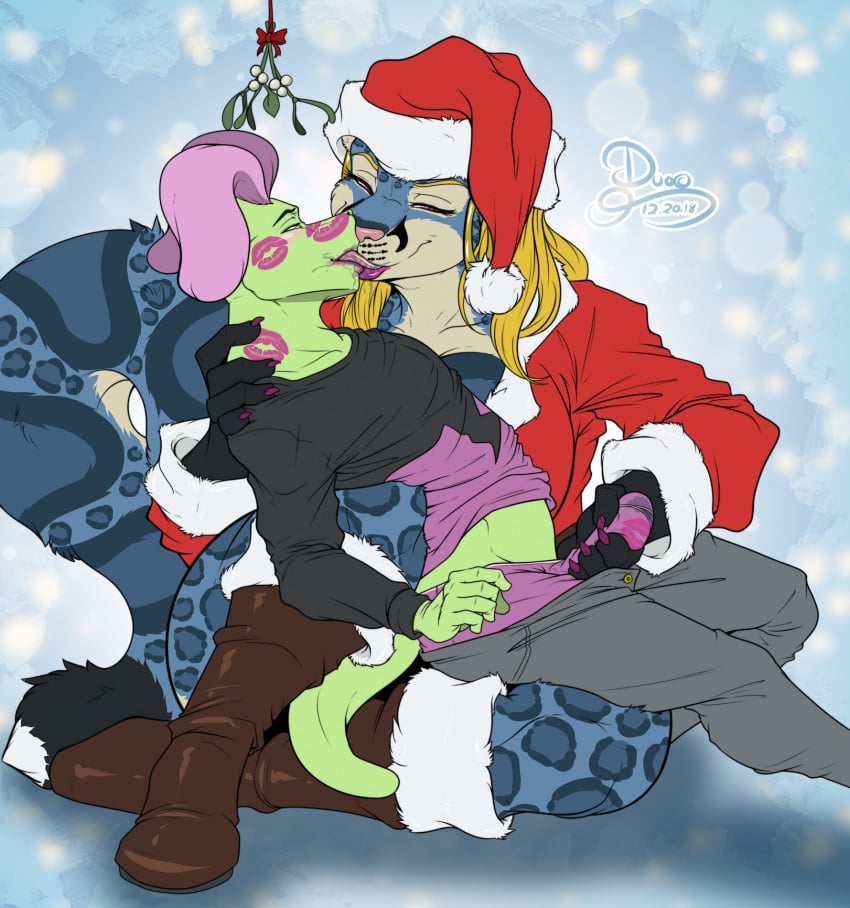 2018 age_difference anthro bedroom_eyes big_breasts blonde_hair blue_fur blush boots breasts bulge christmas clothing duo duo_(artist) ear_piercing erection feline female footwear french_kissing fur hair half-closed_eyes hat highres holidays hoop_earrings huge_breasts jimmy_(jamearts) kiss_mark kissing leopard lipstick lizard makeup male mammal mature_female mistletoe older_female pantherine pants penis penis_shaped_bulge piercing plant reptile santa_hat scalie seductive snow_leopard spots straight tiffany_valentine_(ghostwolf) underwear voluptuous younger_male