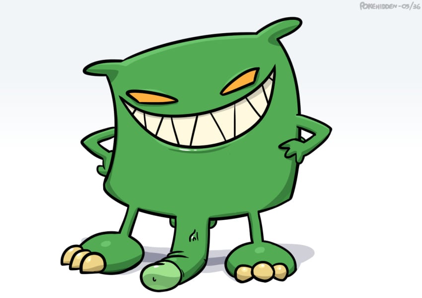 3_fingers 3_toes balls biped flaccid green_balls green_penis green_skin hands_on_hips long_penis male monster penis pokehidden simple_background smile solo standing teeth toes vein veiny_penis white_background yellow_penis