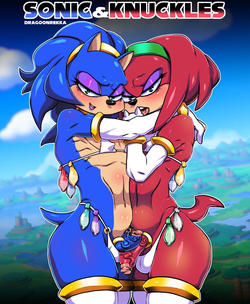 2boys androgynous balls_in_panties bikini bimbo clothed clothing cock_ring condom crossdressing cum dragoonrekka erection eulipotyphlan eyeshadow femboy feminine_male filled_condom girly hedgehog knuckles_the_echidna lipstick makeup male male_only mammal sonic_(series) sonic_the_hedgehog trap yaoi