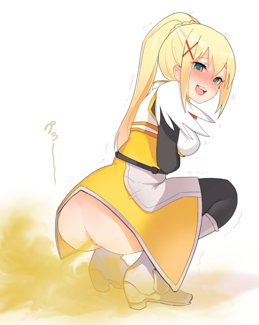 13o anus ass blonde_hair blue_eyes blush bodysuit braid breastplate breasts darkness_(konosuba) dress dress_lift fart female gas hair_ornament hair_ribbon highres kono_subarashii_sekai_ni_shukufuku_wo! large_breasts long_hair looking_at_viewer no_panties open_mouth ponytail red_ribbon ribbon smell squatting trembling white_background