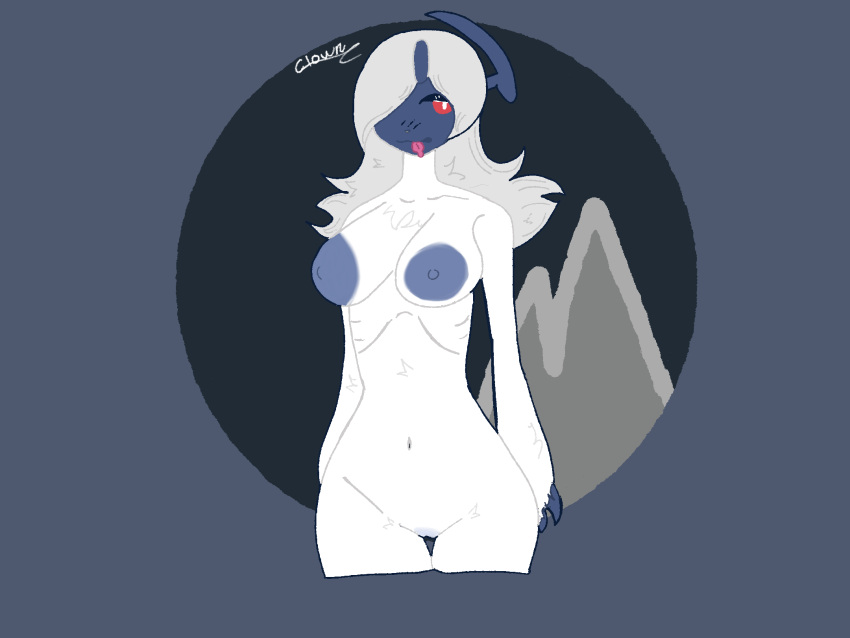 absol anthro big_breasts breasts claws clown-hours female fur generation_3_pokemon genitals hi_res humanoid nintendo nude pokemon pokemon_(species) pussy skinny solo tongue tongue_out white_body white_fur